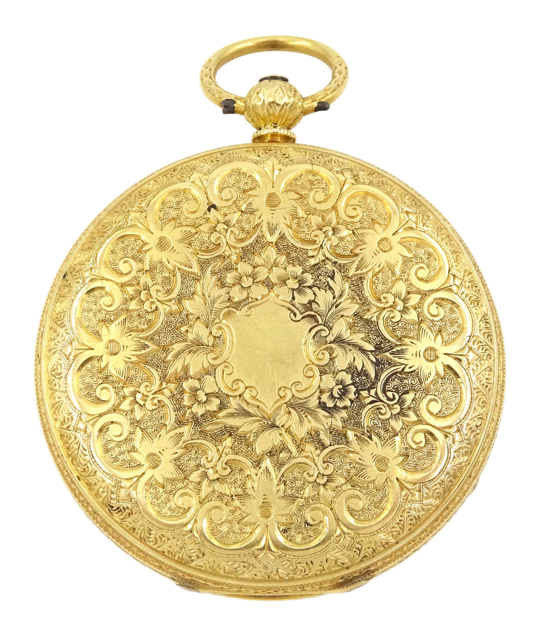 Victorian 18ct gold open face key wound lever pocket watch by Edward Bevan, Birkenhead, No. 4502, gilt dial with Roman numerals, case engraved with foliate decoration, makers mark C E, London 1874, in fitted silk and velvet lined case