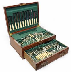 James Dixon and Sons canteen of plated table cutlery for eight covers, including bone handle knives etc, in oak cutlery box with green baize lining, comprising twenty-four knives and twenty-four forks, two ladles, twenty-eight spoons of various sizes; and a plated punch bowl 