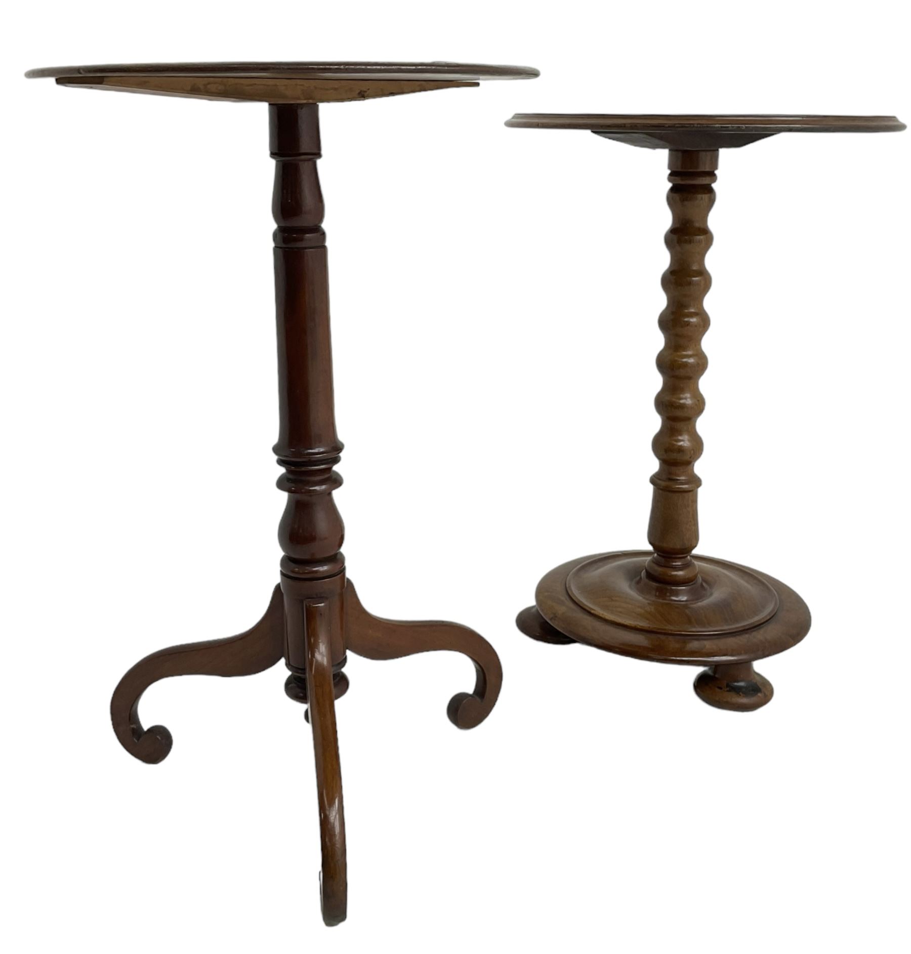 19th century walnut occasional table, circular moulded top on bobbin turned stem, circular moulded base on compressed feet (H70cm); 19th century walnut tripod table, circular table on turned stem, on splayed supported with scrolled terminals (H74cm)