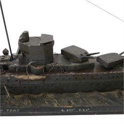  HMS Exeter, Waterline wartime metal model upon a wooden base, circa 1939-45, H24cm, L82cm  