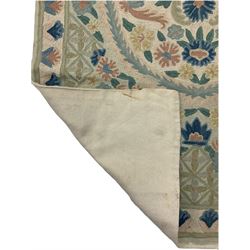 Kashmiri hand-stitched crewel work wool chain rug, floral design