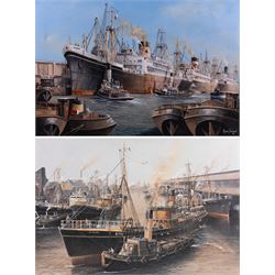 Adrian Thompson (British 1960-): The SS Gothic Docked in a Shipping Yard, oil on canvas signed 51cm x 76cm; together with another print (2) (unframed)