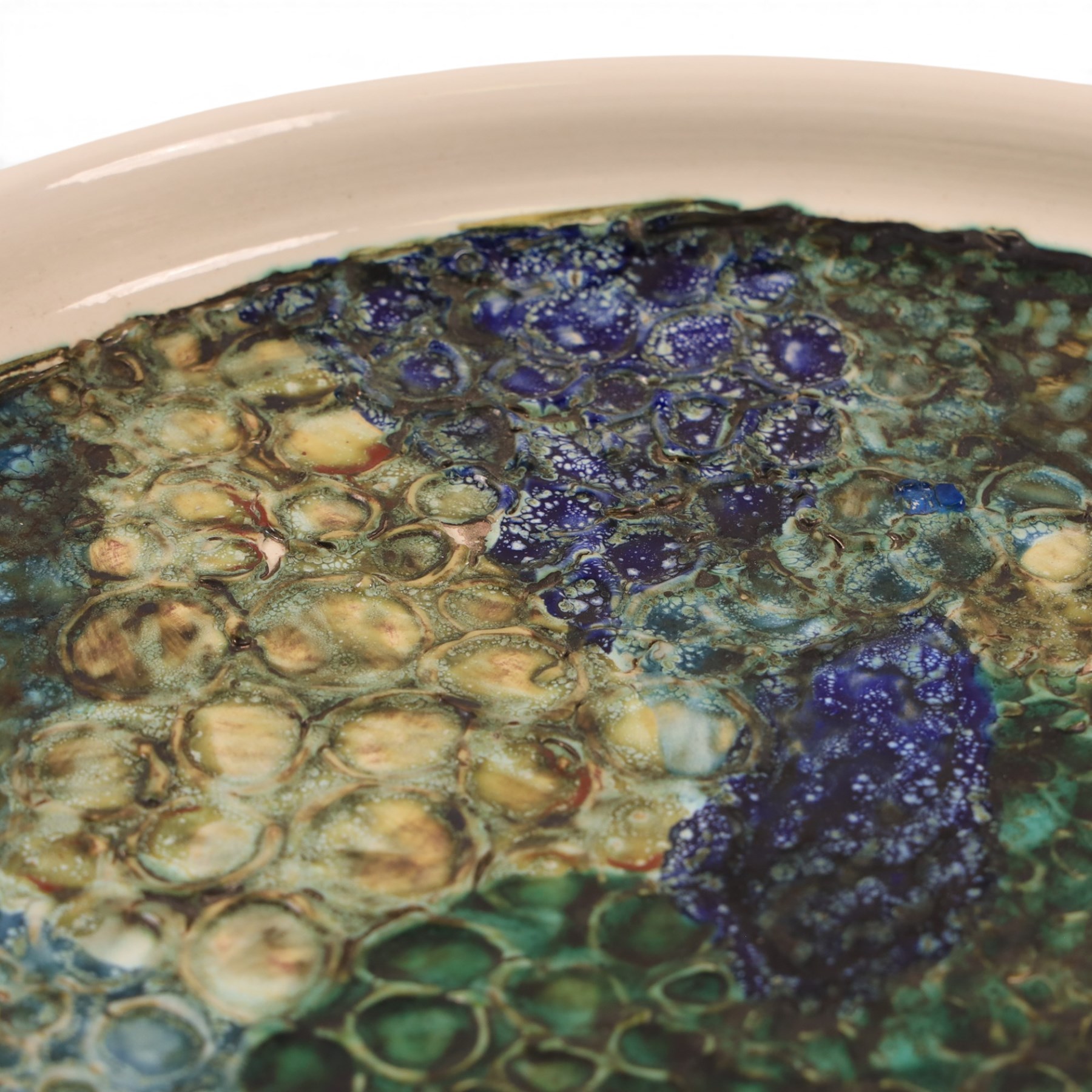 Tony Morris (British 1942-2018) for Poole Pottery: Studio pottery bowl of shallow circular form, thrown by Alan White, glazed and decorated by Tony Morris, impressed and painted marks to base, printed and painted marks beneath D35.5cm