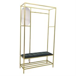 Contemporary hall stand gilt metal with black velour seat, oval mirrored panel with multiple hooks, padded seat above undertier for shoes