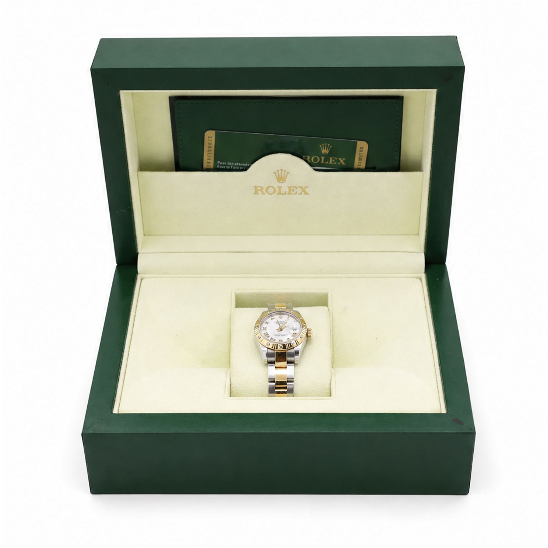 Rolex Oyster Perpetual Datejust ladies stainless steel and gold automatic wristwatch, circa 2009, Ref. 179313, serial No. V739209, white dial with Roman numeral hour markers and 18ct gold diamond set bezel, on gold and stainless steel and gold Oyster bracelet, with fold-over clasp, boxed with papers