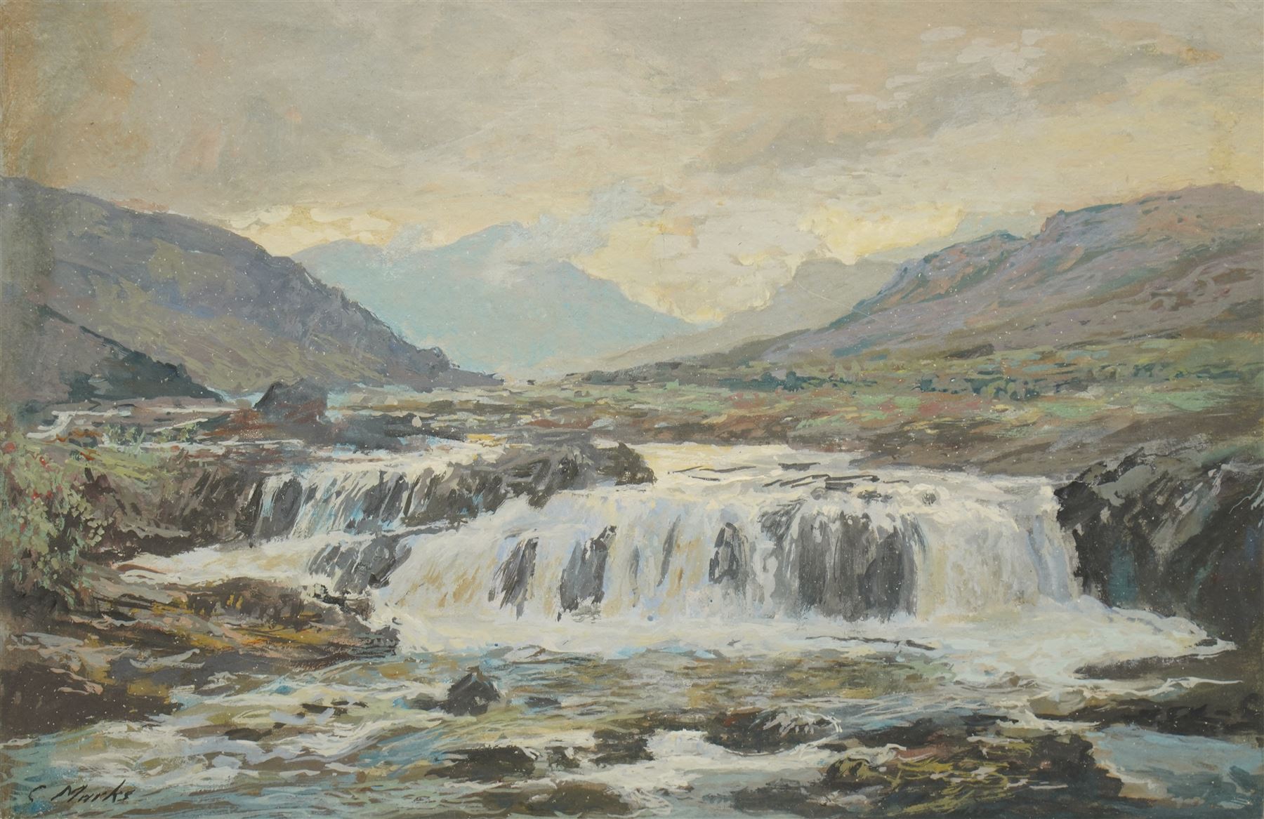Claude Marks (British fl.1899-1915): Waterfall, gouache signed 29cm x 45cm