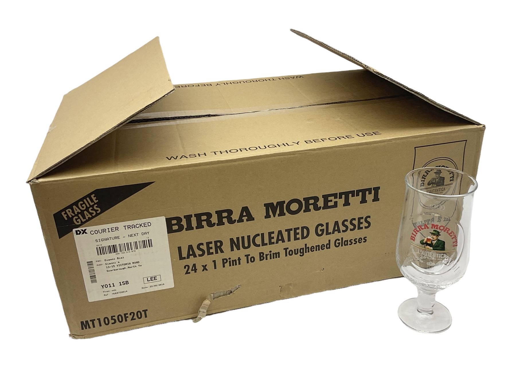 Set of 24 Birra Moretti pint glasses in original box