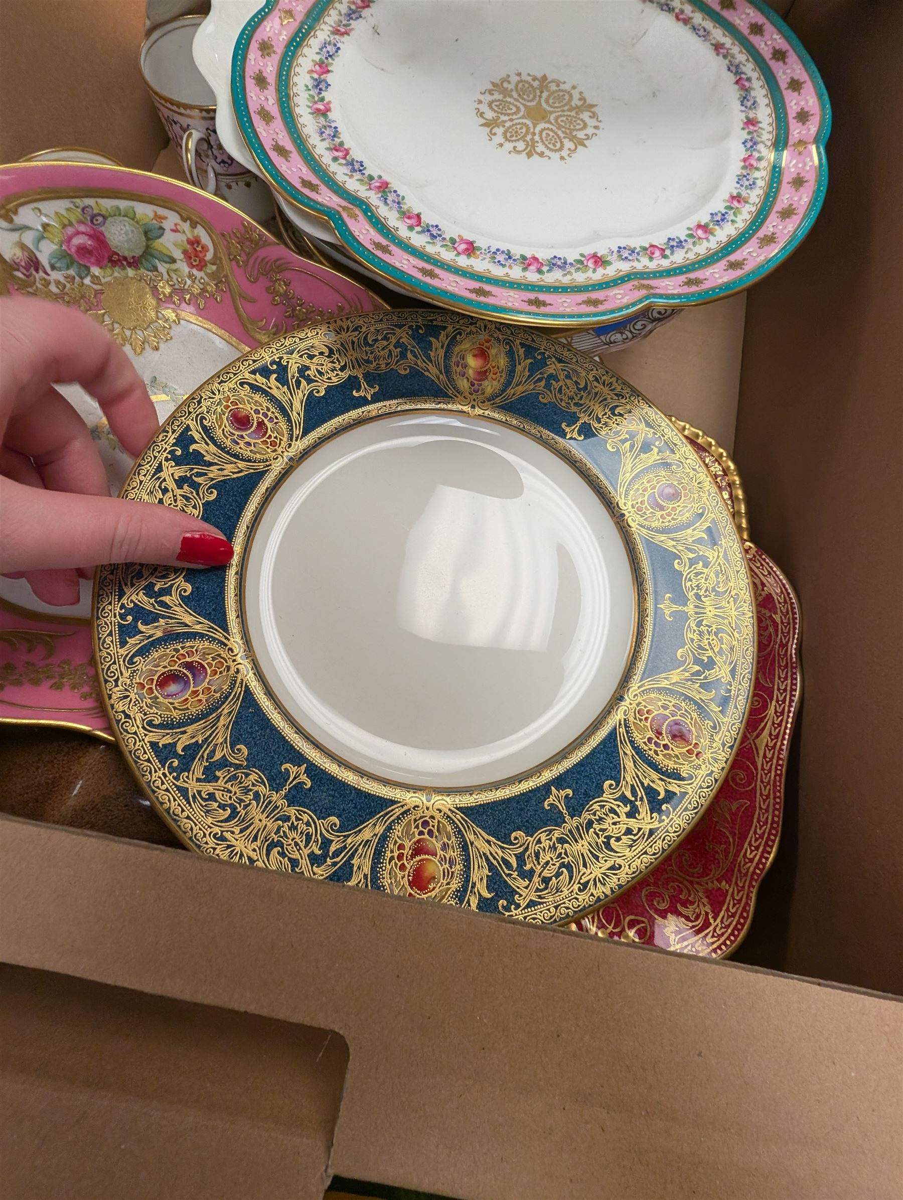 19th century and later ceramics, including cabinet plates, together with Continental vases, Copeland cups and other ceramics, in three boxes