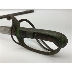 Early 20th century British Army officer's sword with 90cm plain slightly curving fullered steel blade and triple bar hilt; in steel scabbard L105.5cm overall
