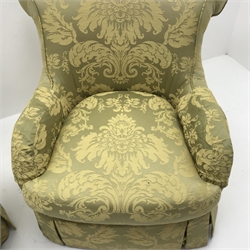 Pair fan back armchairs upholstered in classic gold fabric with floral pattern, W83cm