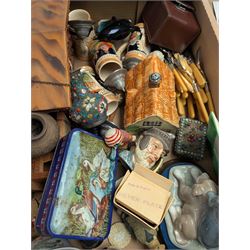 Nine Goebel Hummel figures, cuckoo clock, Colclough part tea service, Nao figure, Country Companions figure, etc, in two boxes 