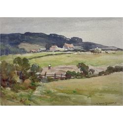 Owen Bowen (Staithes Group 1873-1967): Haytime Above Robin Hood's Bay, watercolour signed 28cm x 38cm