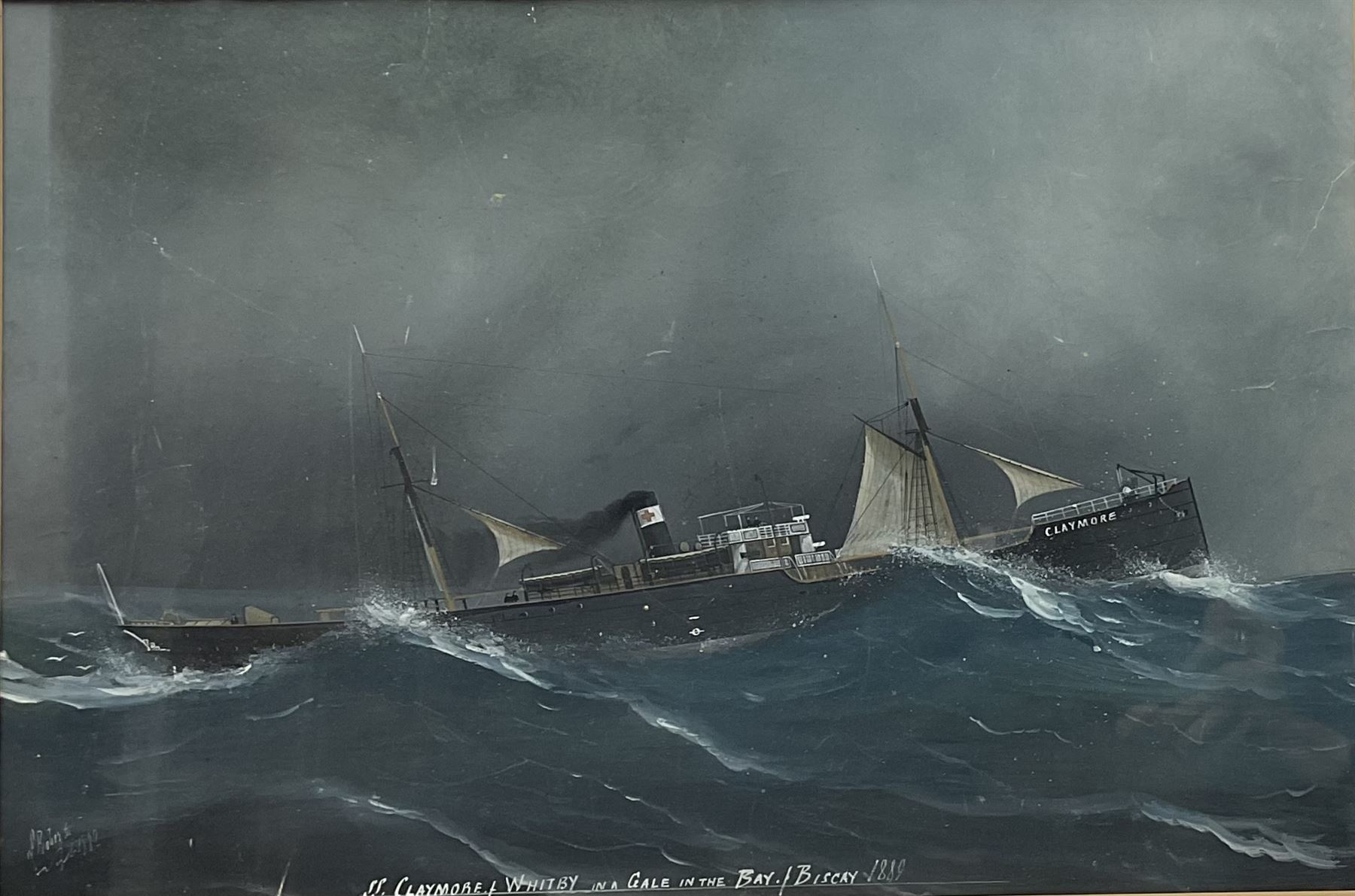 Luigi Roberto of Naples (Italian 1845-1910): 'SS Claymore of Whitby in a Gale in the Bay of Biscay 1889', gouache signed and dated Napoli 1889, 42cm x 62cm
