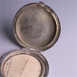 1930s silver cigarette case, of curved rectangular form with engine turned decoration and vacant cartouche, hallmarked Joseph Gloster Ltd, Birmingham 1934 and a 1930s silver sweetheart compact with engine turned decoration and enamel Royal Engineers crest, hallmarked Crisford & Norris Ltd, Birmingham 1939, cigarette box L12cm, H8cm