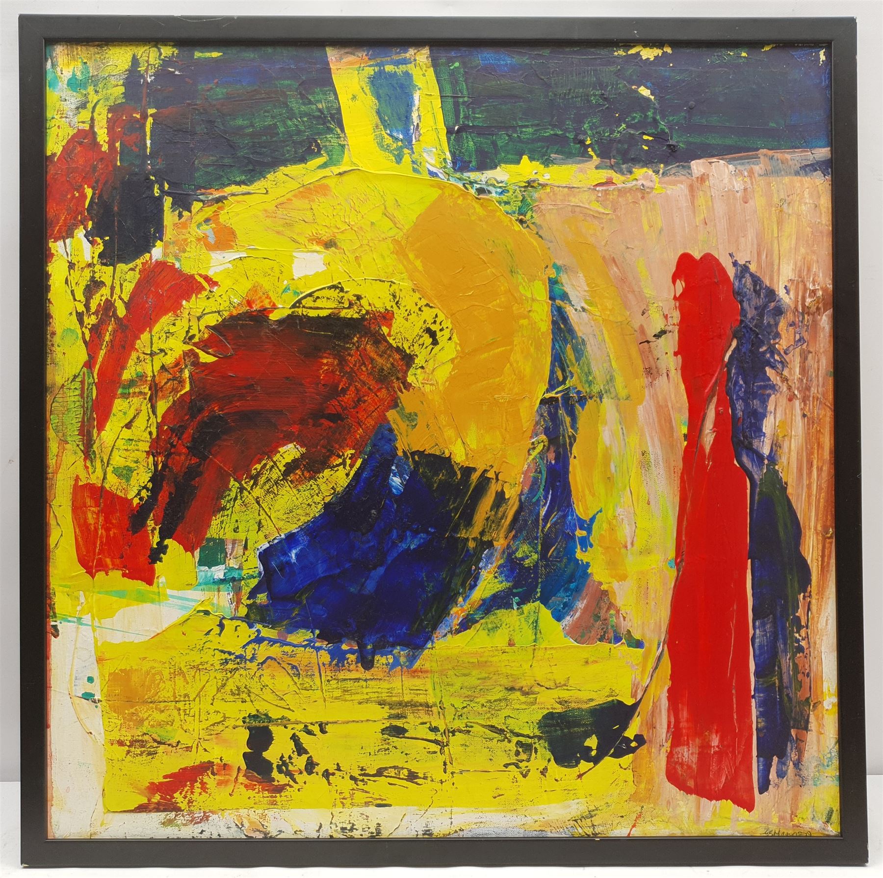 Geoffrey Harrop (British 1947-): 'Abstract in Yellow', acrylic on board signed, titled verso with artist's address 60cm x 60cm
