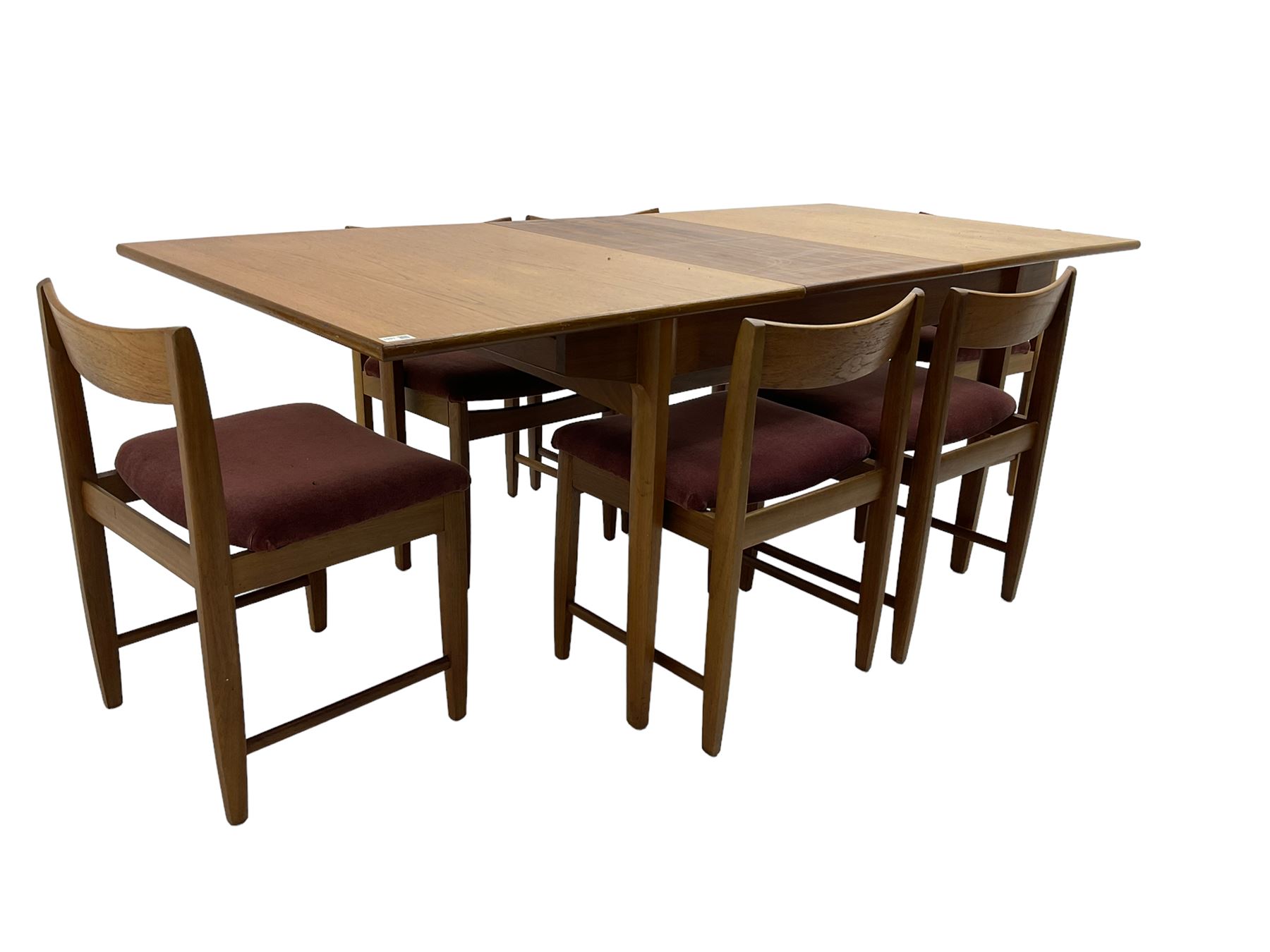 Bath Cabinet Makers BCM - mid-20th century teak extending dining table with butterfly action leaf, on shaped tapering supports (198cm x 92cm x 94cm), BCM - set six teak dining chairs with bar back and upholstered seats (48cm x 45xm x 73cm)