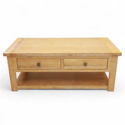 Bevan Funnell - Reprodux Arts & Crafts design limed oak coffee table, rectangular top with inset border over twin drawers fitted with pyramid-shaped metal handles, on square supports with lower plinth base