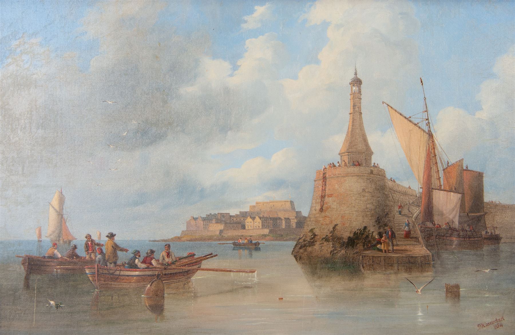 John Wilson Carmichael (British 1799-1868): Approaching the Careening Hard - St. Peter Port Guernsey, oil on canvas signed and dated 1854, 49cm x 74cm 
Provenance: private collection, purchased Martel Maides Guernsey 20th March 2013 Lot 100