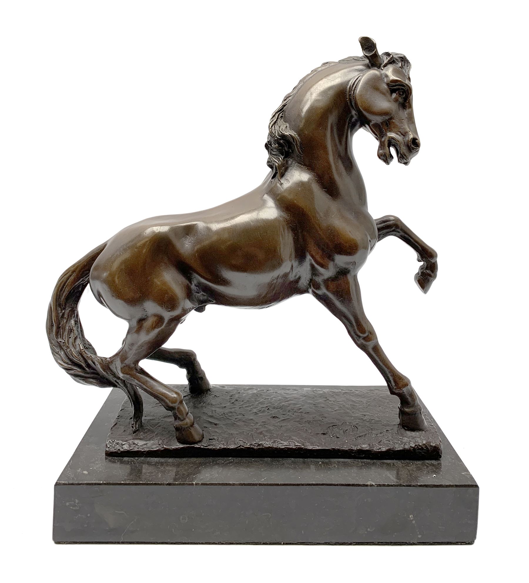 Bronze figure modelled as a prancing horse, upon a naturalistically modelled rectangular base, and black marble plinth, H34.5cm, L31cm