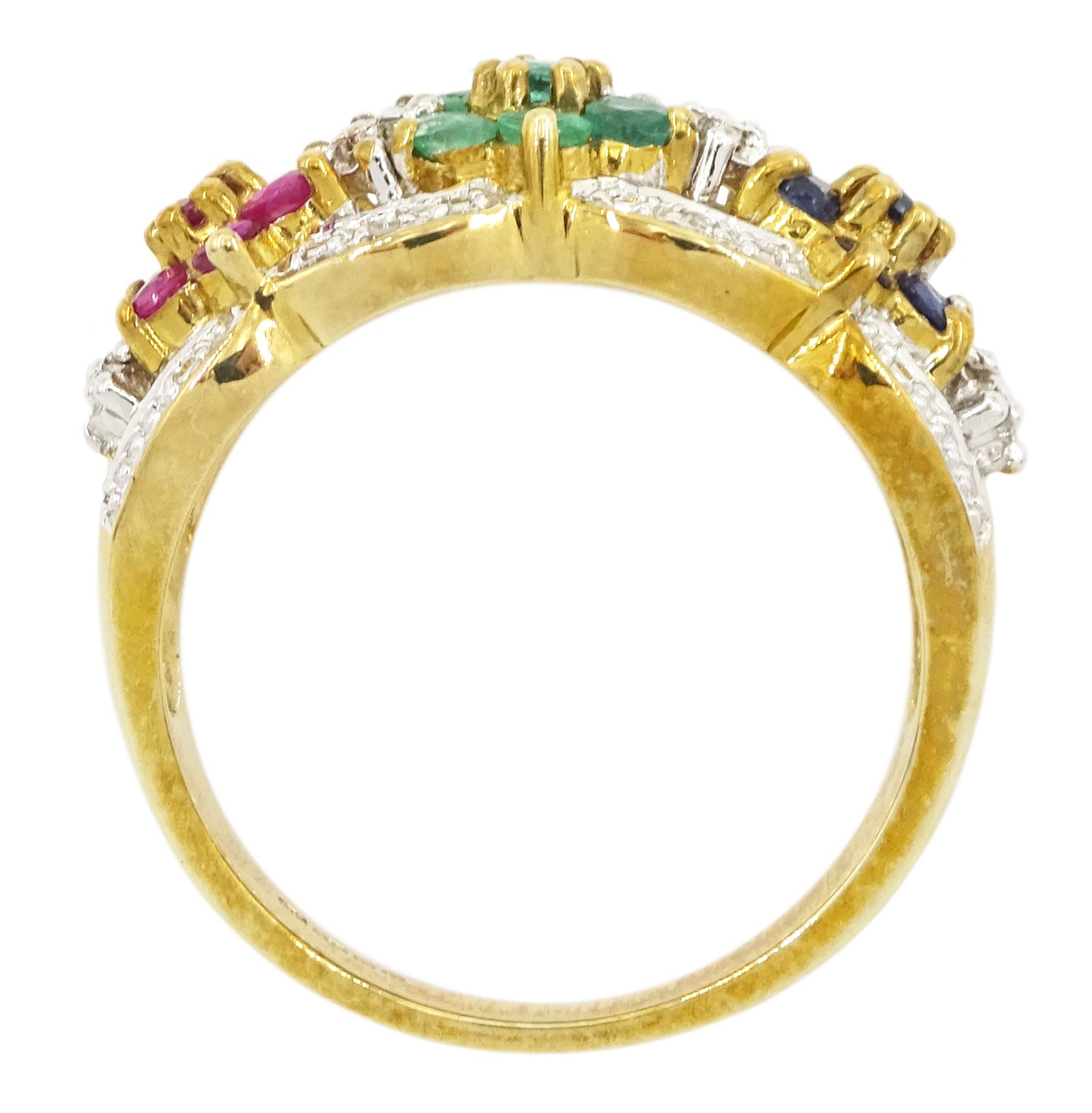 9ct gold multi gemstone set flower head ring, three ruby, sapphire and emerald clusters, with diamond set surround, hallmarked