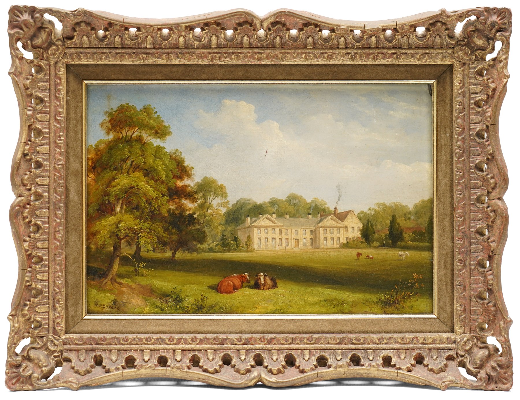 JL Roberts (British 19th century): ‘The Old Hall - Anlaby East Yorkshire', oil on wood panel signed, titled and dated 1830 verso 19cm x 29cm