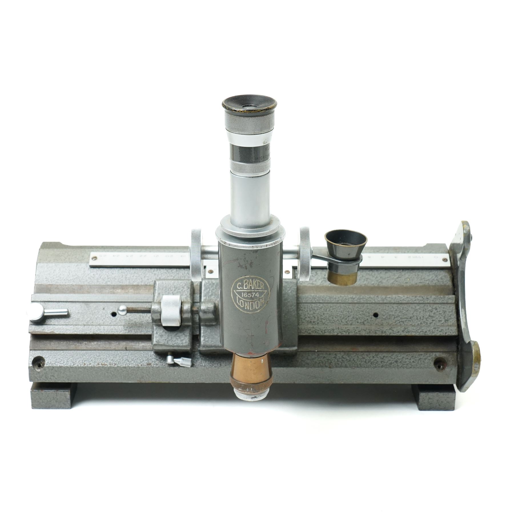  Baker of London travelling microscope with Chesterman vernier scale No16574 and a Swift brass microscope 