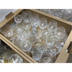 Large quantity of glassware, to include cheese dome with a marble base, wine glasses decanters etc in eight boxes 
