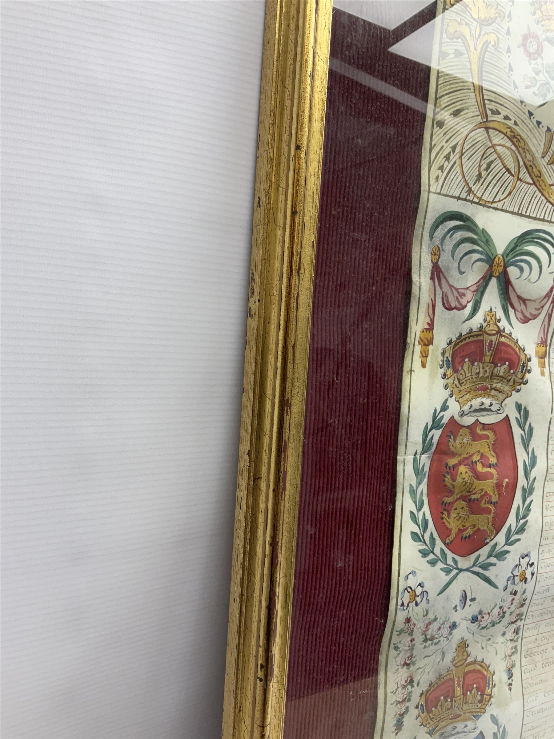 Large 18th century framed and glazed Indenture for King George III to George Rivers, Lord Rivers of Straths Saye, including frame H92.5cm L107.5cm