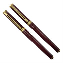 Montblanc Noblesse Oblige fountain pen, the maroon barrel and cap with gilt clip and mounts and nib stamped 585 14K/ct, together with a matching ballpoint pen, largest L14cm (2)