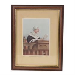 Judge's regalia, including, barrister’s wig in tin monogrammed J.A.W, Ede and Ravenscroft gown, tin of collars, jacket and waistcoat by Daniel Drescott, a glass case containing three miniature legal wigs; barrister’s wig, judge’s full bottom wig and bench wig and four Vanity Fair Spy prints