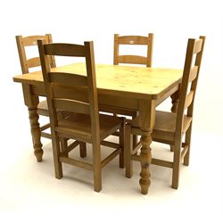 Rectangular pine farmhouse table, raised on turned supports (W122cm, D90cm, H78cm), and four ladder back chairs, square supports joined by stretcher (W46cm)