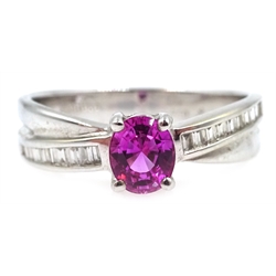  White gold oval pink sapphire ring, with baguette diamond cross over shoulders, hallmarked, sapphire approx 0.6 carat   