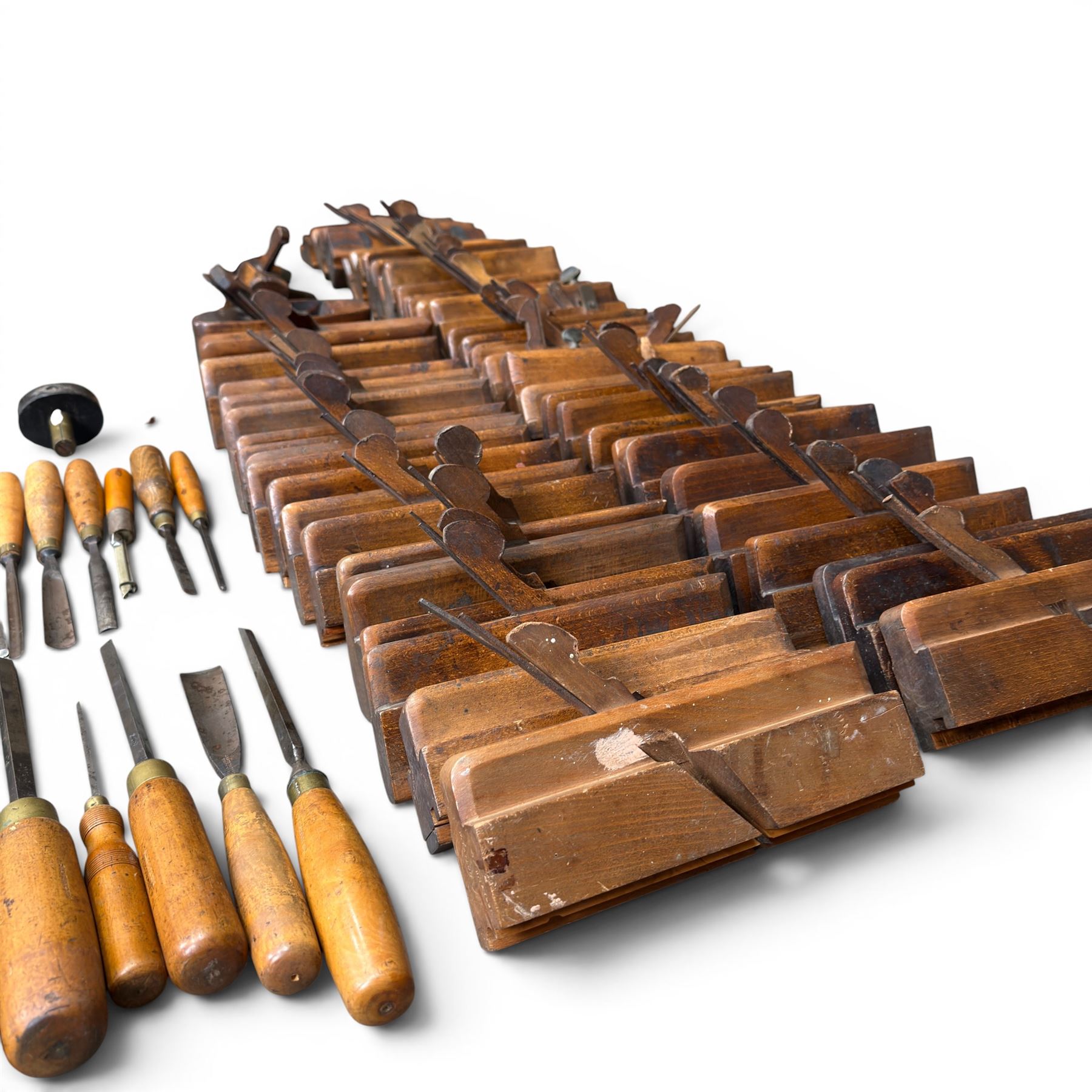 Collection of planes and woodworking tools including wood planes, chisels, hammers etc along with three books (Antique Woodworking Tools, Timber Preservation and Woodworkers Pocket Book)