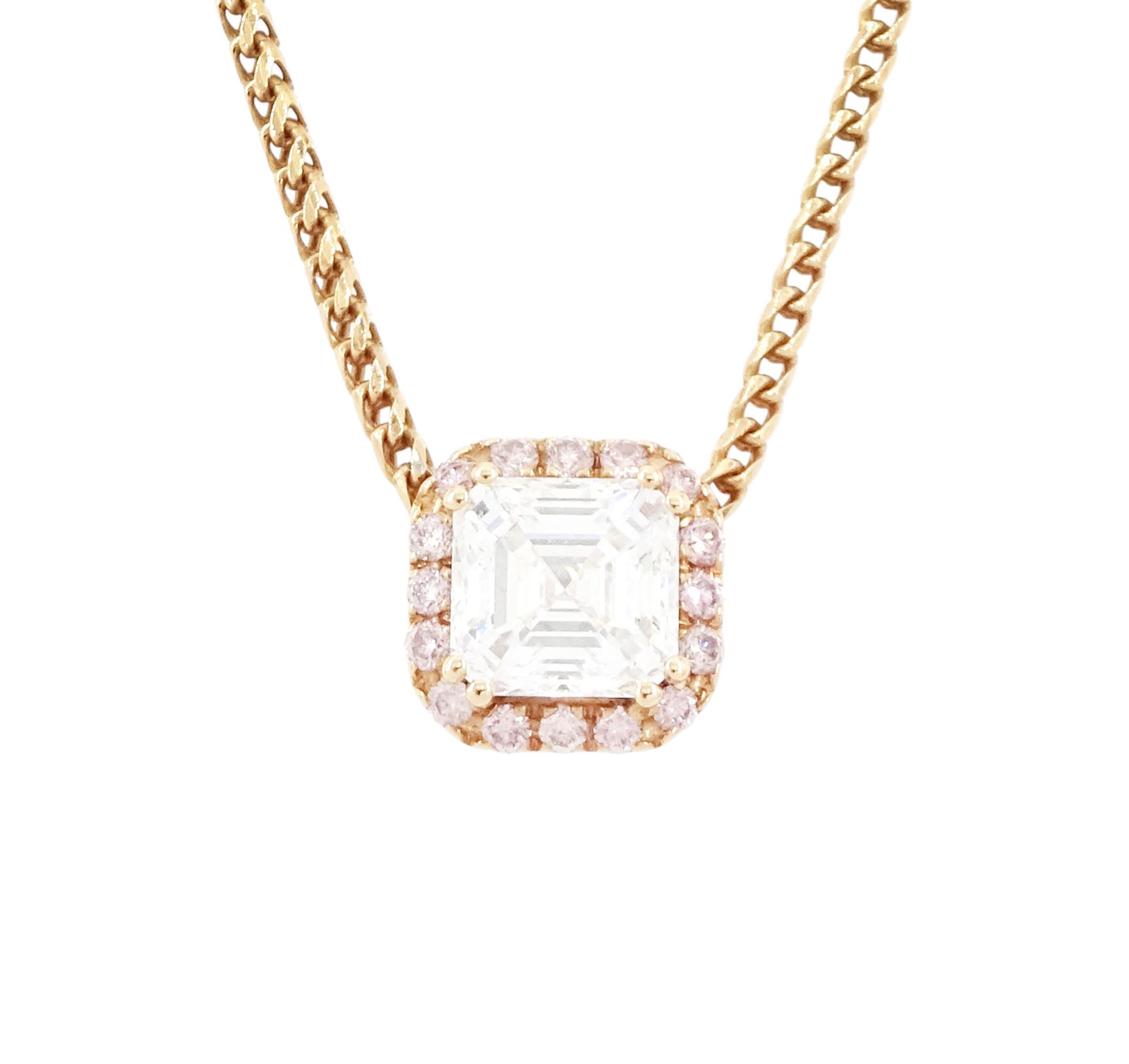 18ct rose gold diamond pendant necklace, the principal asscher cut white diamond of 0.71 carat, with round brilliant cut fancy pink diamond surround, total pink diamond weight 0.12 carat, with International Gemological Report