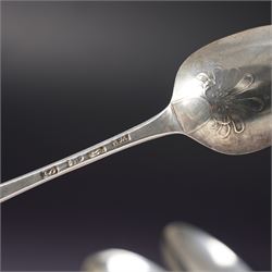 George III silver bright cut table spoon London 1781 Maker Hester Bateman, another London 1782 Maker Thomas Wallis I and three others (5)