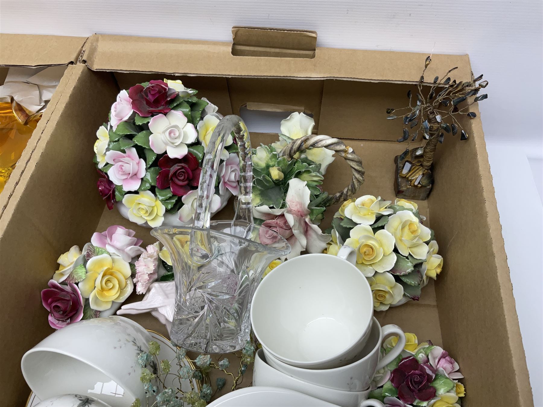 Royal Doulton Greenbrier pattern tea wares, together with a collection of porcelain flowers, Murano style coloured glass bowls, other ceramics and glassware, in four boxes 