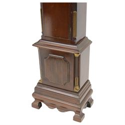 Early 20th century - mahogany cased 8-day miniature longcase clock with a matching wall mounted bracket,  break arch hood with ball finials and recessed quarter pilasters, conforming trunk with a long door and break arch top on a decorative plinth with a raised panel and stepped base, circular dial with Roman numerals and spade hands within a glazed bezel, French insert timepiece movement with a cylinder platform escapement, wound and set from the rear. With key.