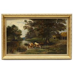 J Morris (British 19th century): Cows Grazing in a River, oil on canvas signed 29cm x 50cm; English School (19th century): Family of Birds, oil on canvas unsigned 32cm x 22cm (2)