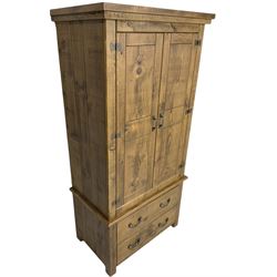 Rustic pine wardrobe, two doors above two drawers 