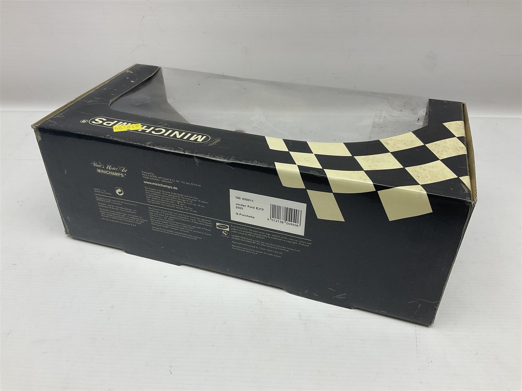 Three Minichamps 1:18 scale die-cast racing cars - Jordan Mugen Honda 198 D. Hill; Jordan Ford EJ13 G. Fisichella; and Stewart Ford SF 1 R. Barrichello; all boxed (3)