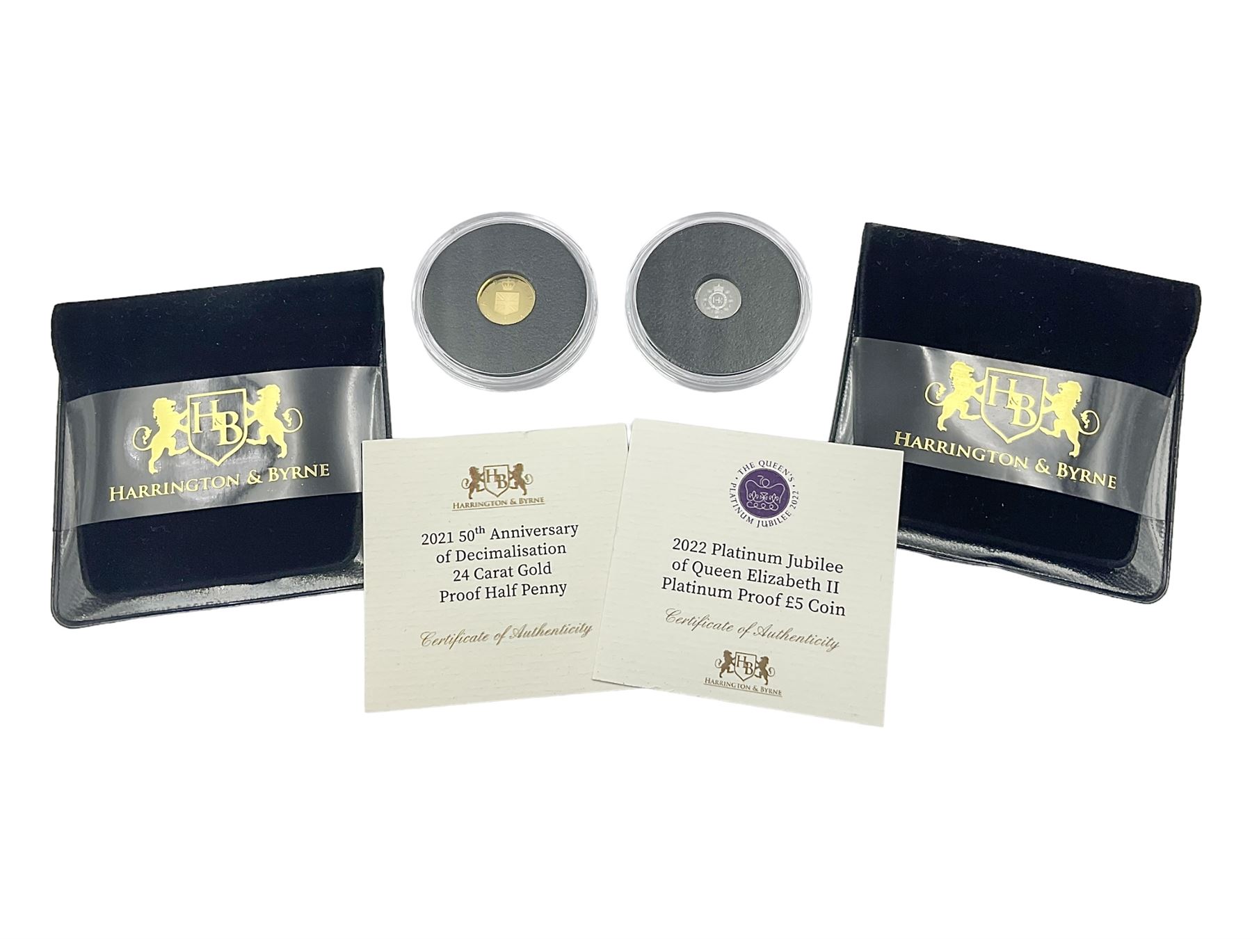Queen Elizabeth II Tristan da Cunha 2021 '50th Anniversary of Decimalisation' 1 gram fine 24 carat gold proof half penny coin and Alderney 2022 'Platinum Jubilee' 0.5 gram 999.5/1000 platinum proof five pound coin, both with certificate