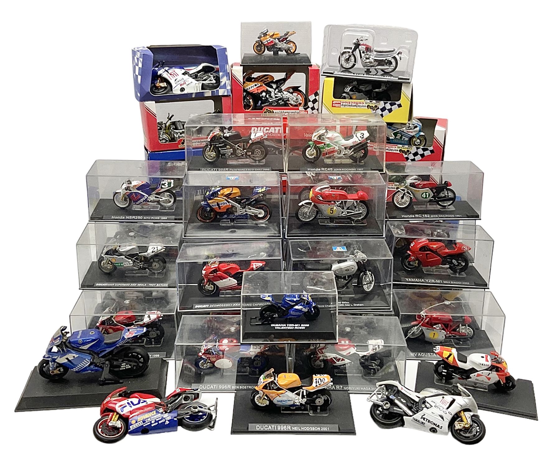 Fifty-one die-cast models of motorcycles by Maisto, Protar Italeri, Welly etc; many in perspex display boxes, some in window boxes and some unboxed