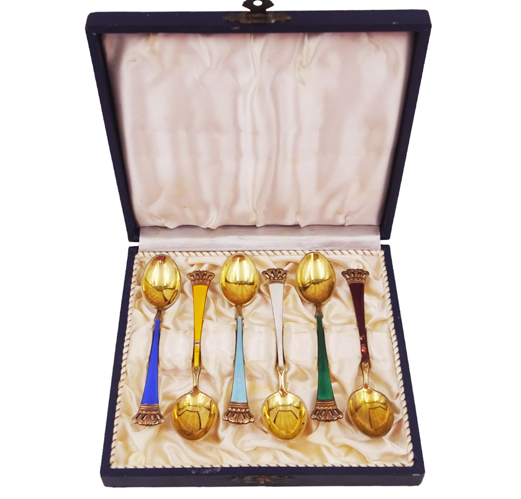 Set of six Danish silver-gilt harlequin enamel demitasse spoons with crown finials, by Egon Lauridsen, stamped ELA Denmark Sterling 925S, in fitted case
