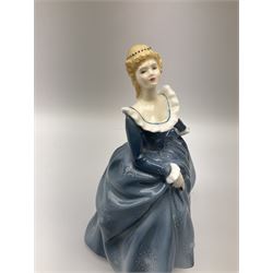A group of eight Royal Doulton figures, comprising Simone HN2378, Amy HN3854, Fragrance HN2334, Louise HN3207, Adrienne H2304, Michele HN2234, Fine Lady HN2193, Winsome HN2220 and a Coalport figure, Polly. 