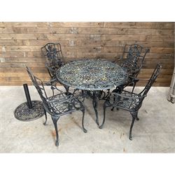 Victorian design painted aluminium circular garden table and four chairs, with parasol base