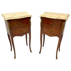 Pair French style Kingwood lamp or bedside tables, shaped and moulded variegated marble top over two drawers, on cabriole supports, with gilt metal mounts and handles
