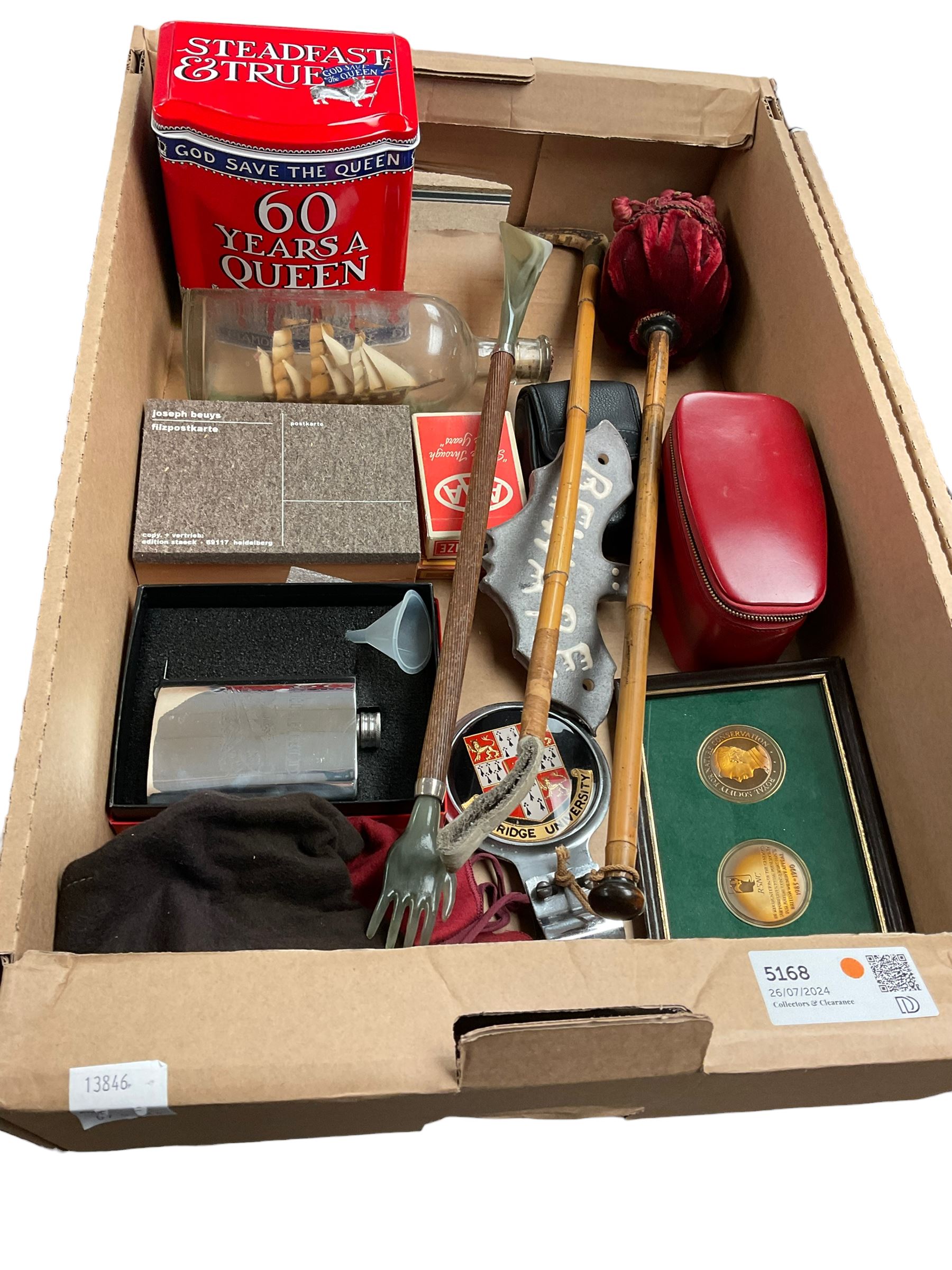 Grundig Satellit 500 radio, table linen, Cambridge University car badge, hip flask, various flatware etc in two boxes