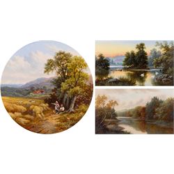 David Horatio Winder (Lancashire 1855-1933) Figures in the Cornfield, circular oil on board signed with initials and dated 1907, 30cm diameter; Maude Madelene Winder (Lancashire 1882 -1947): 'On the Dart - Devon' and 'Still Evening', pair oils on board signed and dated 1907; 35cm x 60cm, all in matching ornate gilt frames (3) 
Notes: Maude was the eldest child of David Horatio Winder and Alice Ashworth (1855-1919).