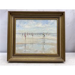Pauline Brown (British 1926-): 'Bathers at Low Tide', oil on board signed, titled verso 24cm x 30cm