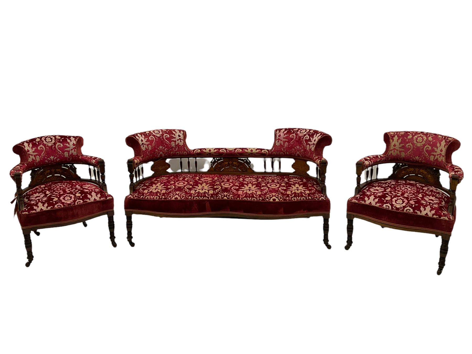 Edwardian inlaid rosewood salon suite, upholstered in red and gold fabric, comprising two seat sofa, pair of tub shaped armchairs, and four side chairs